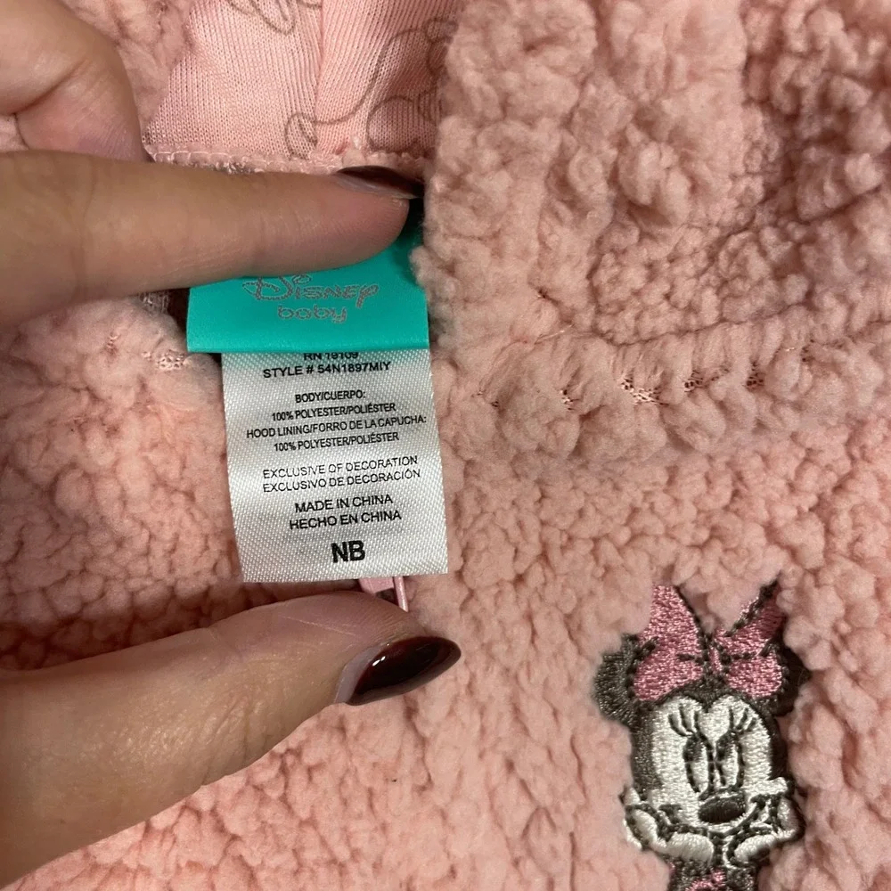 Disney Baby Minnie‎ Mouse Pink Sherpa Fleece Hooded Footed Jumpsuit - SizeNB
